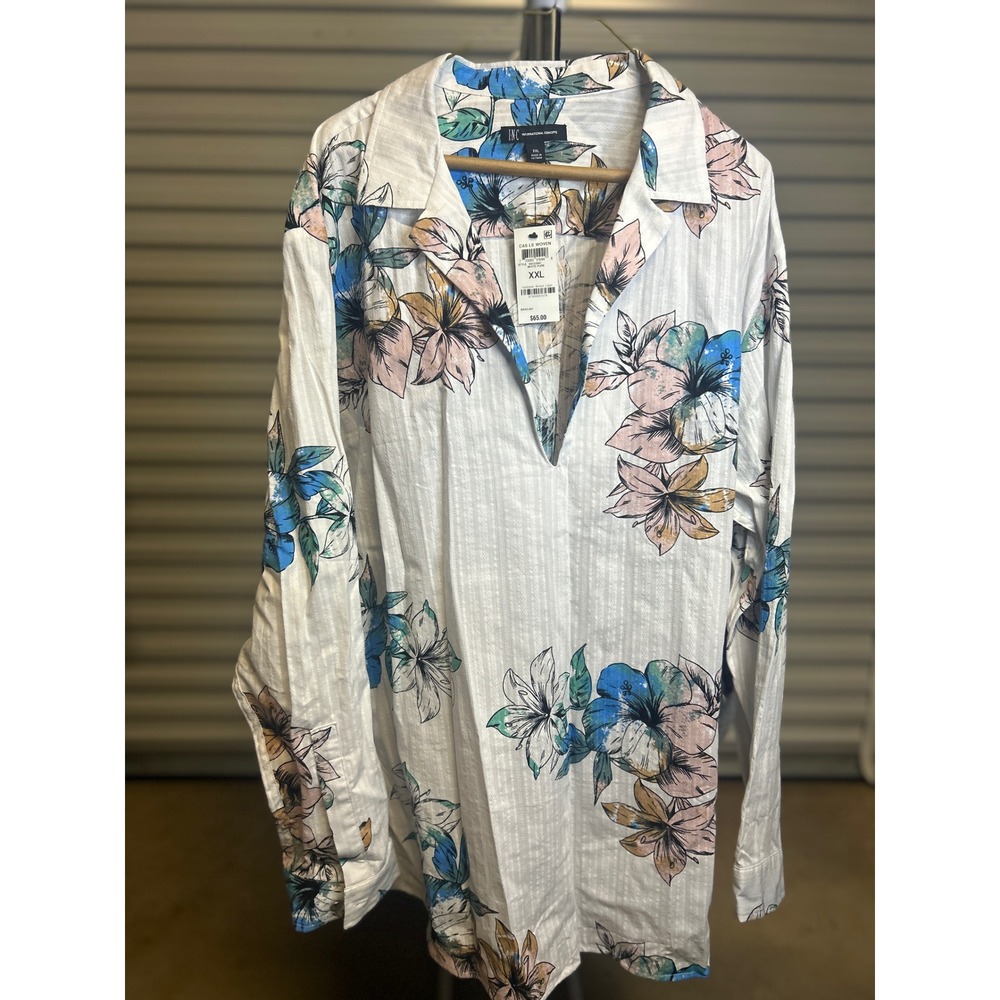 INC Woven Top Women XXL White Floral CAS LS Woven Tropical Split Neck LongSleeve